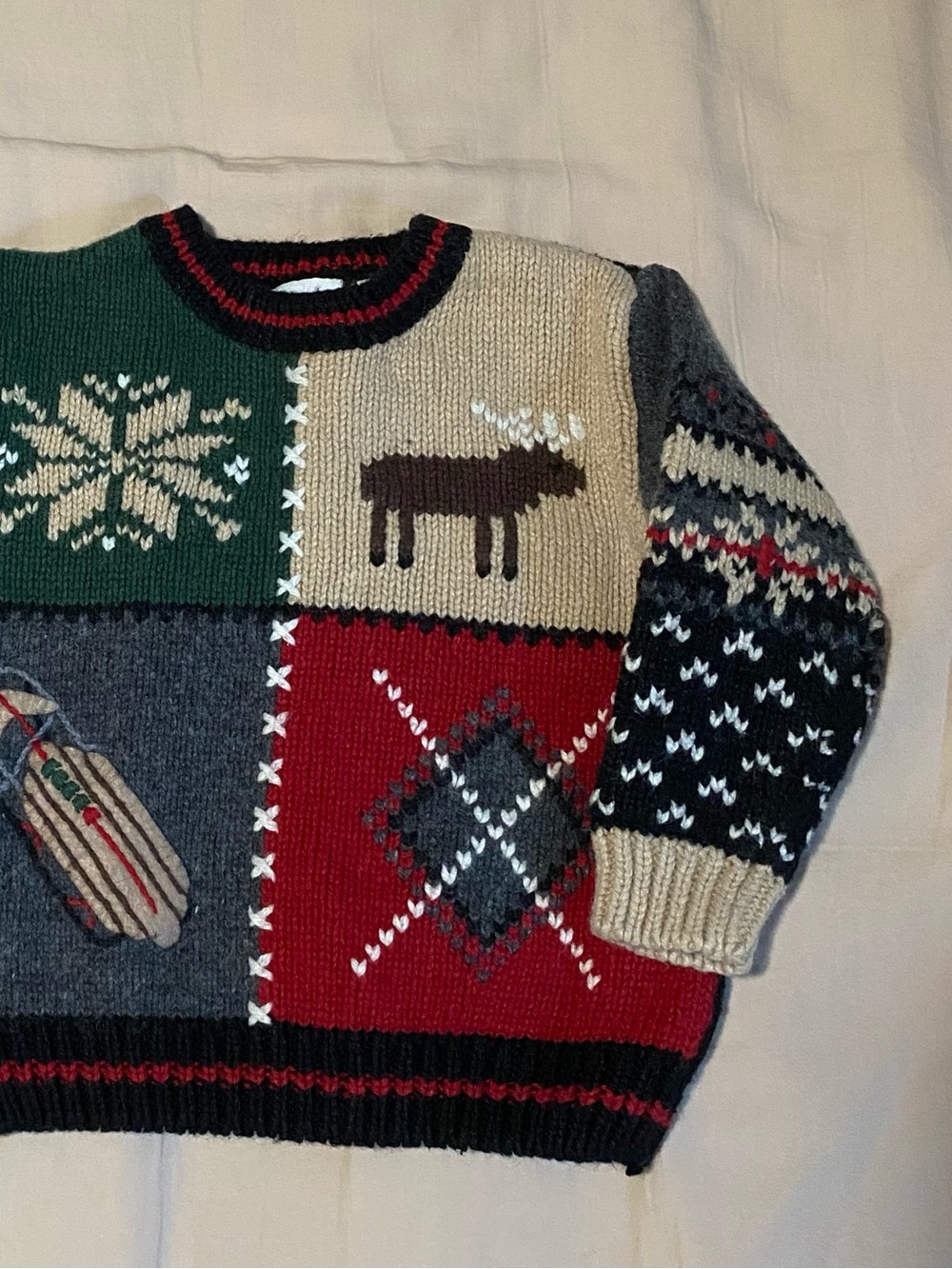 Holiday Patchwork Knit Sweater - Green, Red, Cream & Gray